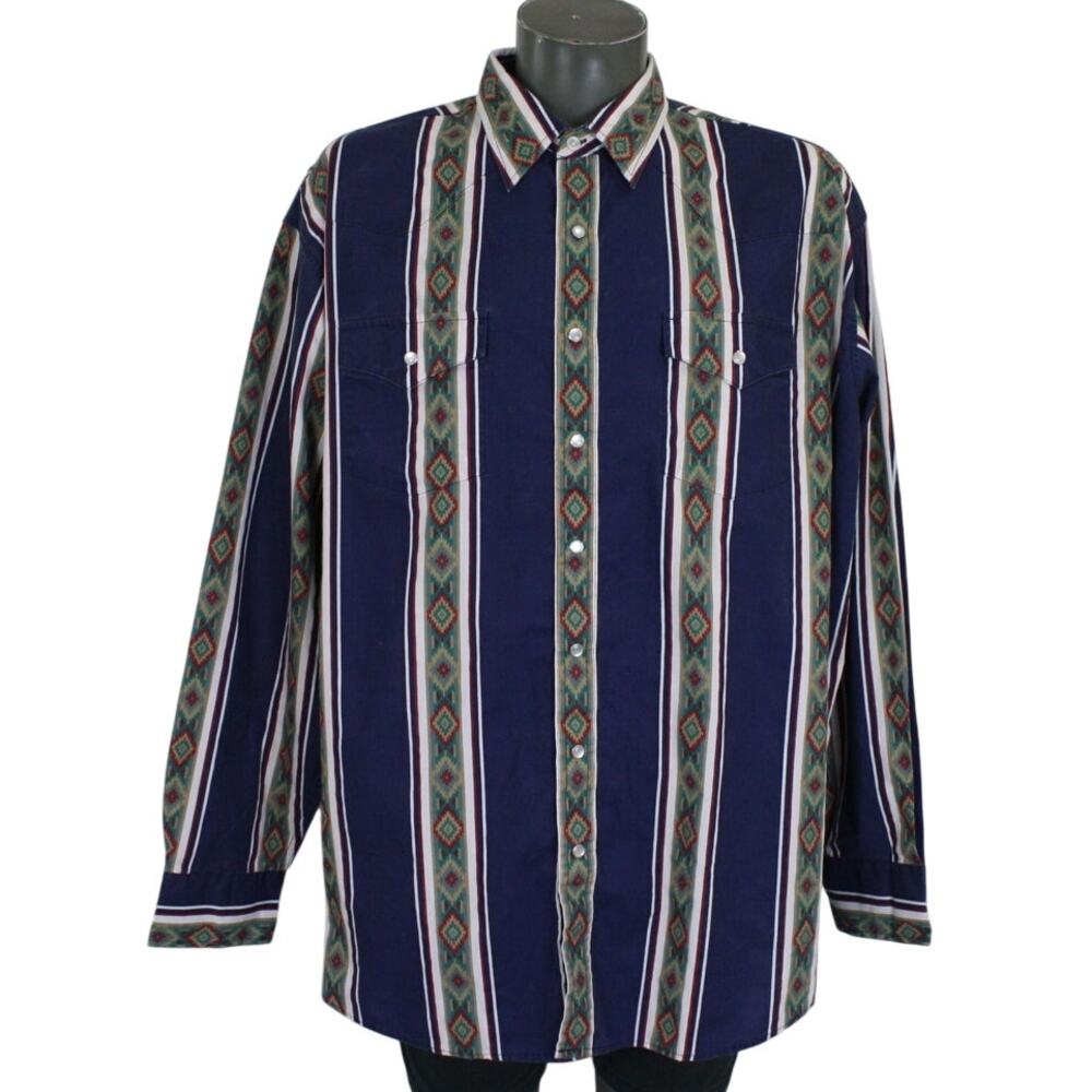 Vintage High Noon Western Shirt Mens 2XLT Aztec Pearl Snap Navy
